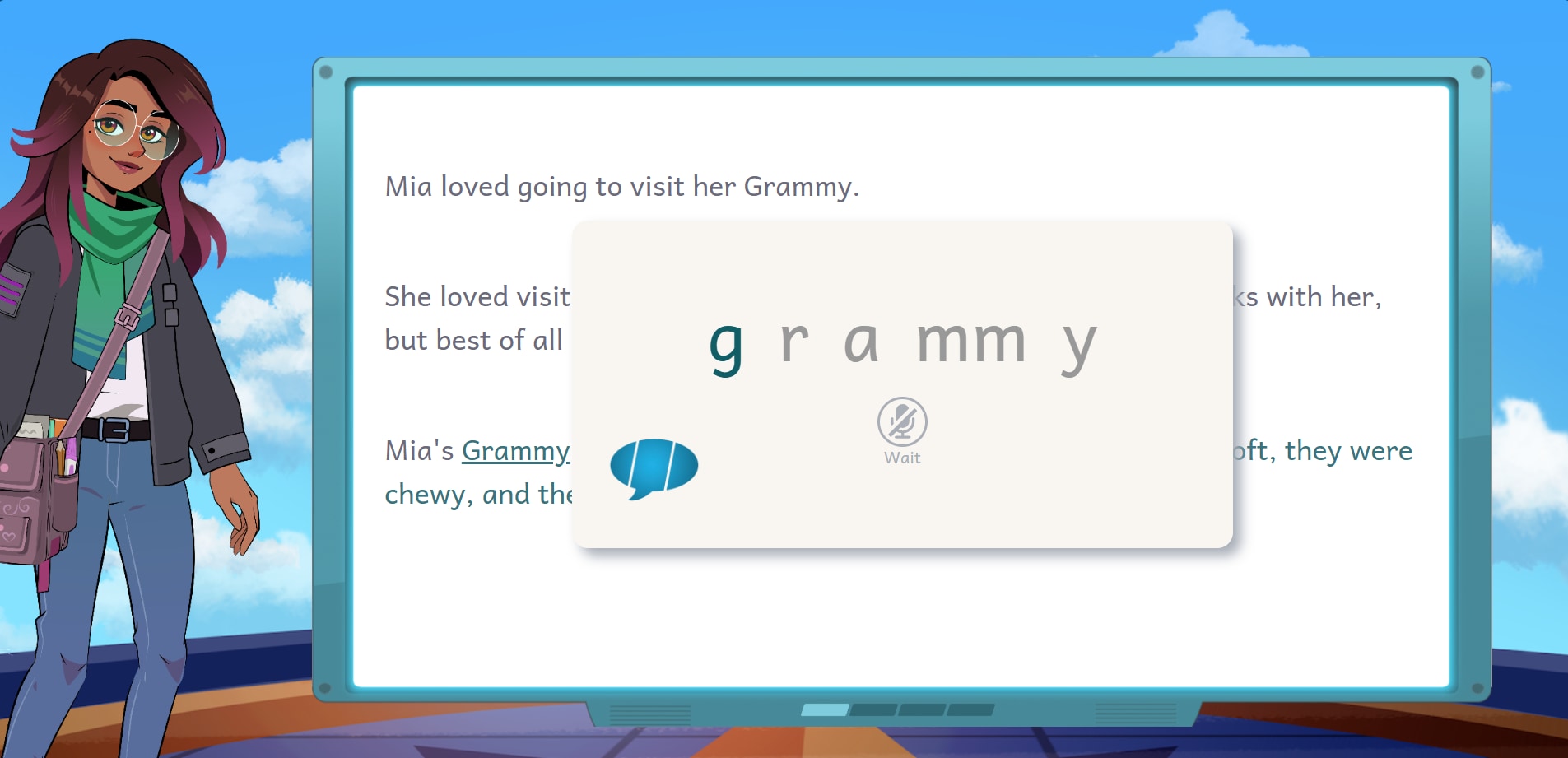 Illustration of a classroom screen showing the text ‘Watch how to say: wind’ with an icon of lips and sound waves beneath it