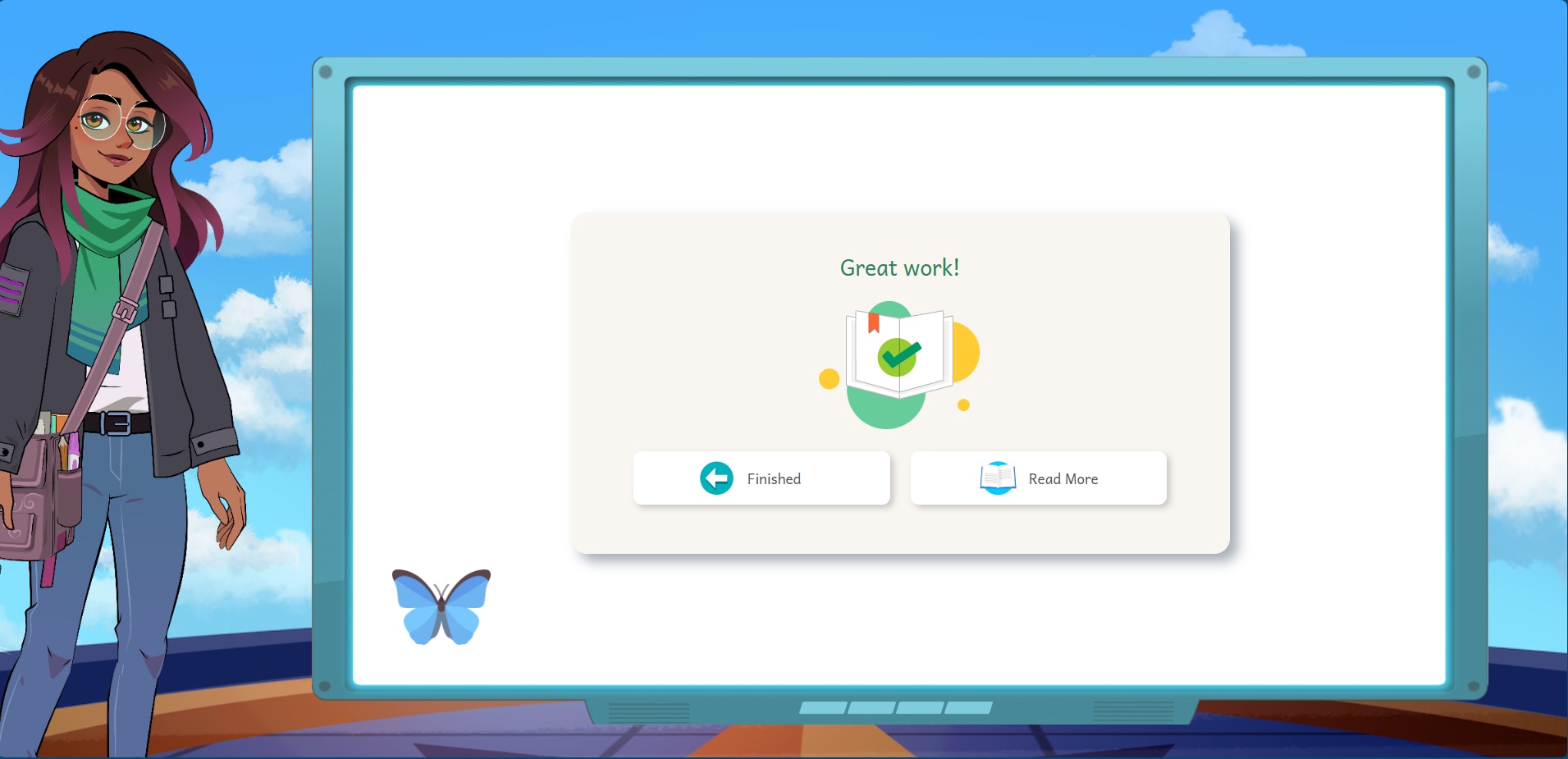 Illustration of a classroom screen displaying a progress summary with the text ‘Here’s how you’re doing – Great work!’ and an open book icon with a checkmark. Below, metrics show ‘35 Average Speed’ and ‘94% Average Correct.’