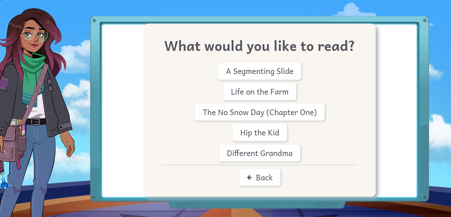 Illustration of a classroom setting with a large screen displaying the question ‘Which story would you like to read?’ followed by a list of options: Lucy and Tina – Four Ears and a Tail (Part 1), Fourth and Goal (Part 1), Bumblebees, Omar And The Camel (Part 1), and Granny Smith’s Disappearing Apples (Part 1).