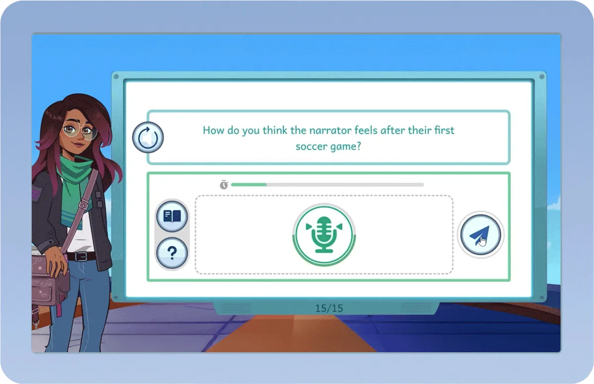 Classroom screen displaying a reading passage: ‘You know of the majestic eagle. An osprey is not as large as the eagle, but looks similar. Like the eagle, ospreys have a hooked bill and sharp claws. And, like his cousin, the osprey uses those rough and pointed features to swoop down and catch fish for dinner.’ A gray arrow icon appears below the text.