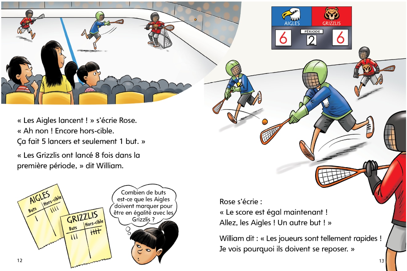 An illustrated lacrosse game in an indoor arena. Players in blue and red jerseys are running and holding sticks. Scoreboard shows Eagles 6 – Bears 6. Text includes dialogue: “The Eagles shoot!” shouts Rose. “Oh no! They missed again. That is 5 shots and only 1 goal.” Additional text explains shots on goal and strategies. Bottom left shows a note comparing goals and shots for Eagles and Bears.