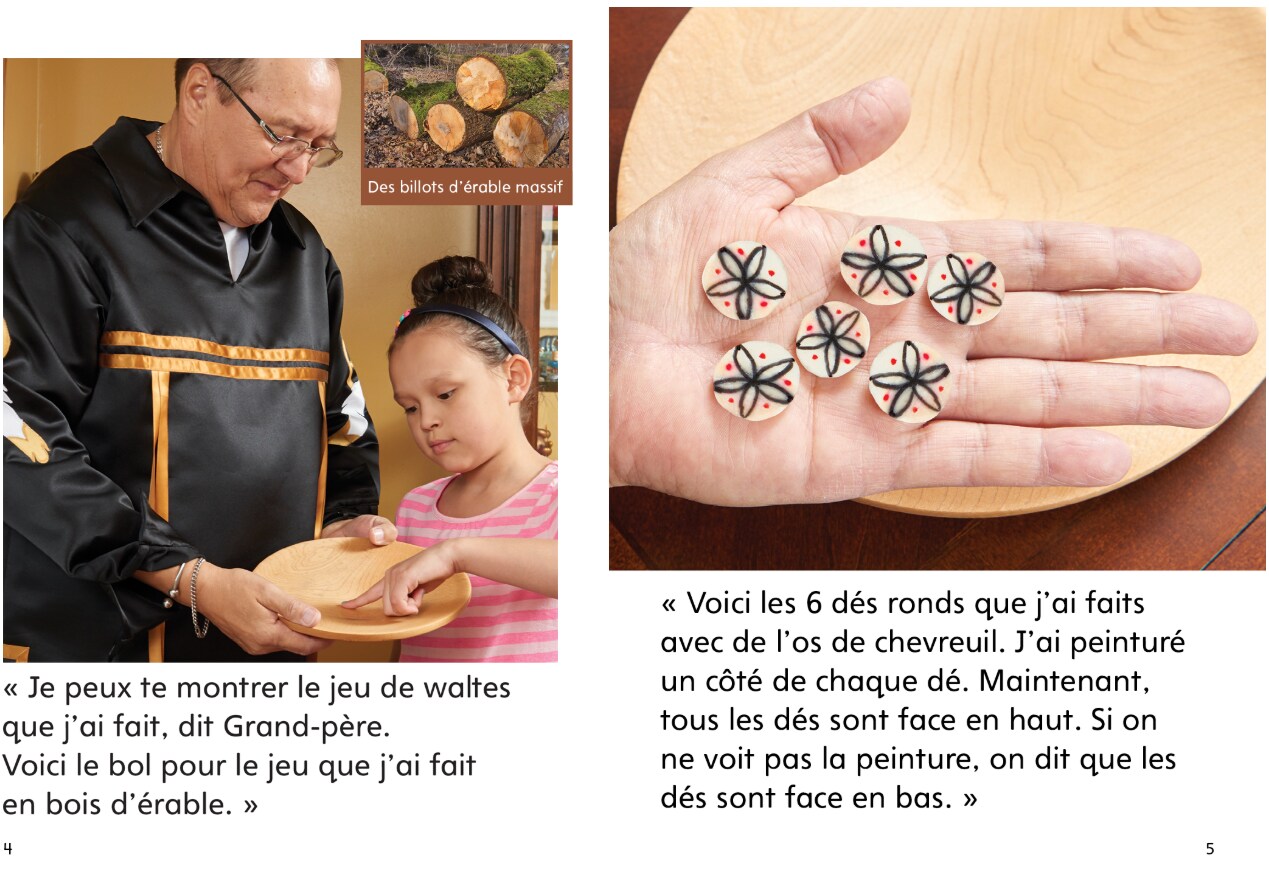 Two illustrated scenes:  Left: A child sitting on the ground with acorns arranged in patterns and numbers written (1, 2, 3, 4). Text reads: “Wilaiya says, ‘I have 4 green acorns. I will draw a 4 to remember. Now I know! I have more brown acorns.’” Right: A child standing outdoors with an adult, surrounded by trees. Text reads: “We must leave the acorns here. Some will grow into trees. Some will feed our animal friends. Everything in nature is important,” says Grandma gently.